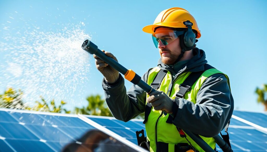 Generate an image of a technician cleaning solar panels with eco-friendly equipment.
