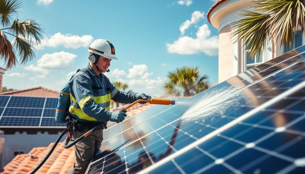 Generate an image of a technician from All-Star Pressure Washing cleaning solar panels on a roof in Charleston, SC.