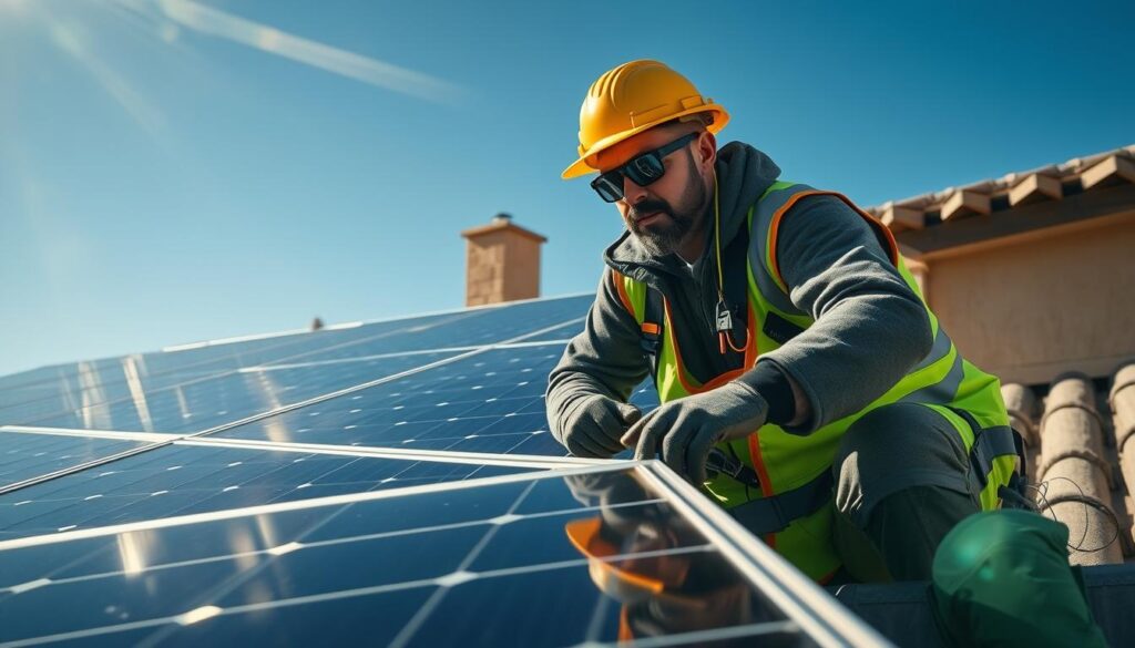 Generate an image of a technician from FXO Solar Cleaning inspecting solar panels on a roof in Las Cruces, NM.