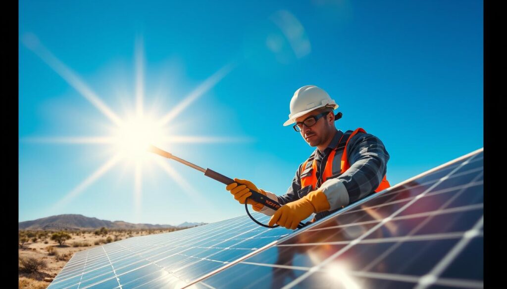 Generate an image of a technician from NM Panel Cleaning LLC cleaning solar panels in Las Cruces, NM.