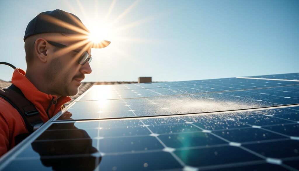 Generate an image of a technician from SuperSonic SoftWash LLC gently cleaning solar panels on a residential roof in Bellevue, NE.