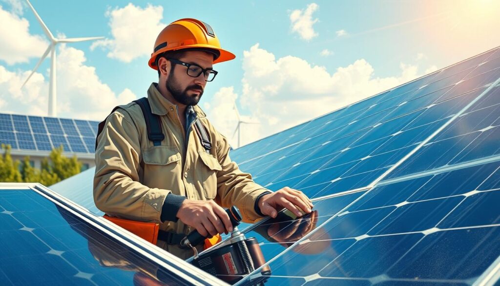 Generate an image of a technician inspecting solar panels.
