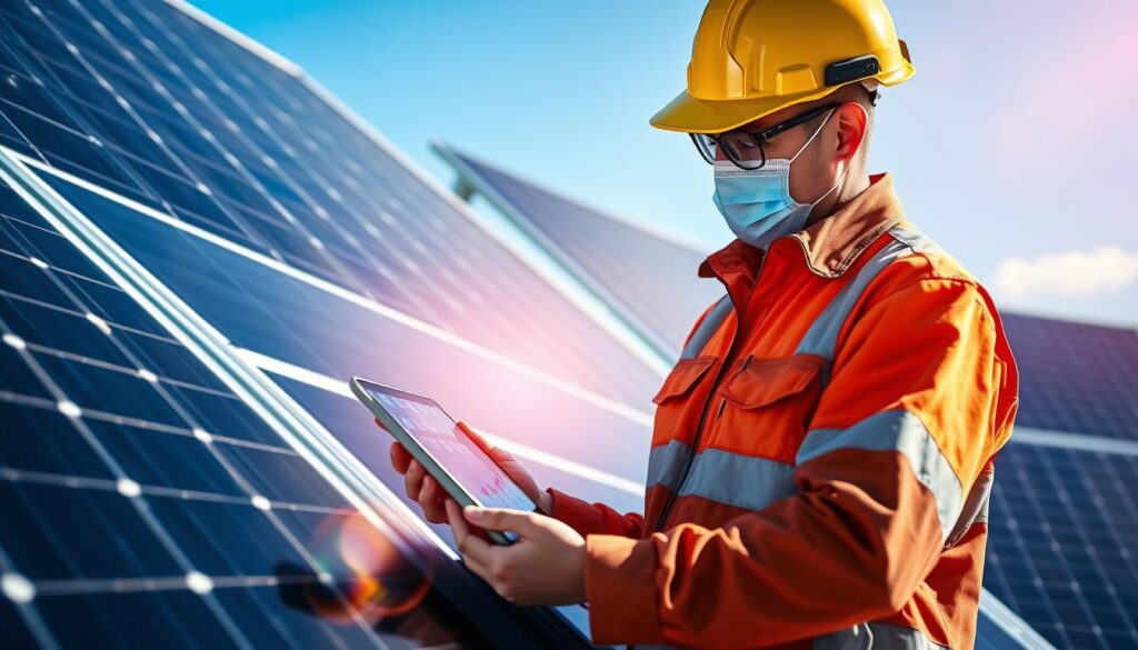 Generate an image of a technician inspecting solar panels with a tablet, displaying energy production data.