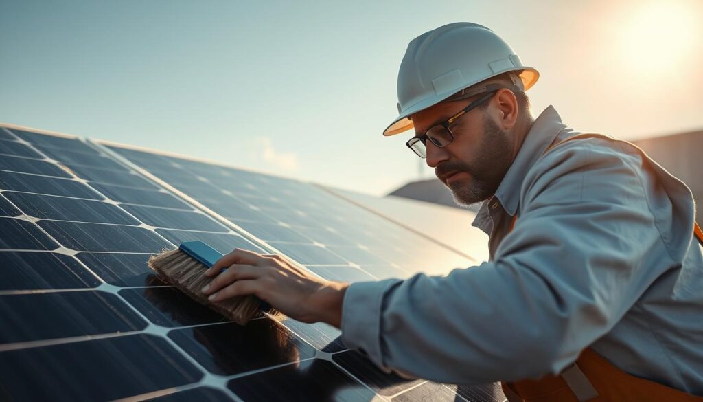 Generate an image of a technician using a soft-bristled brush to gently scrub solar panels.
