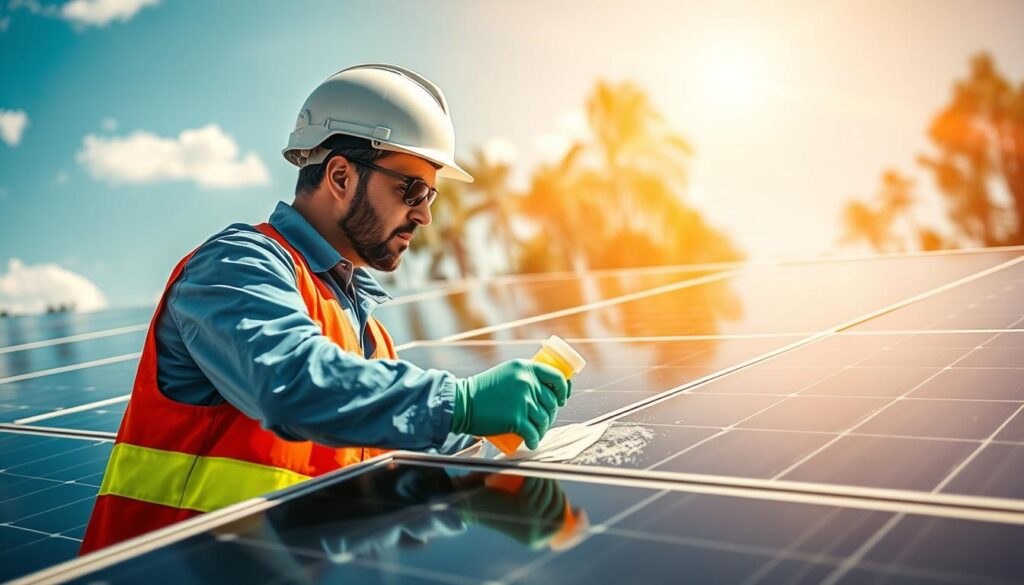 Generate an image of a technician using eco-friendly cleaning solutions on solar panels.
