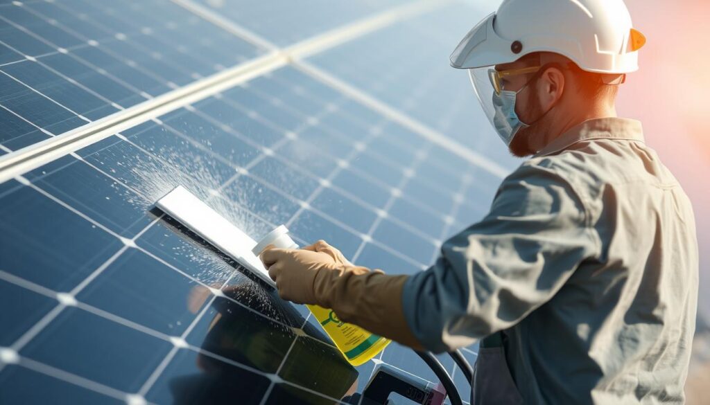 Generate an image of a technician using eco-friendly cleaning solutions on solar panels.
