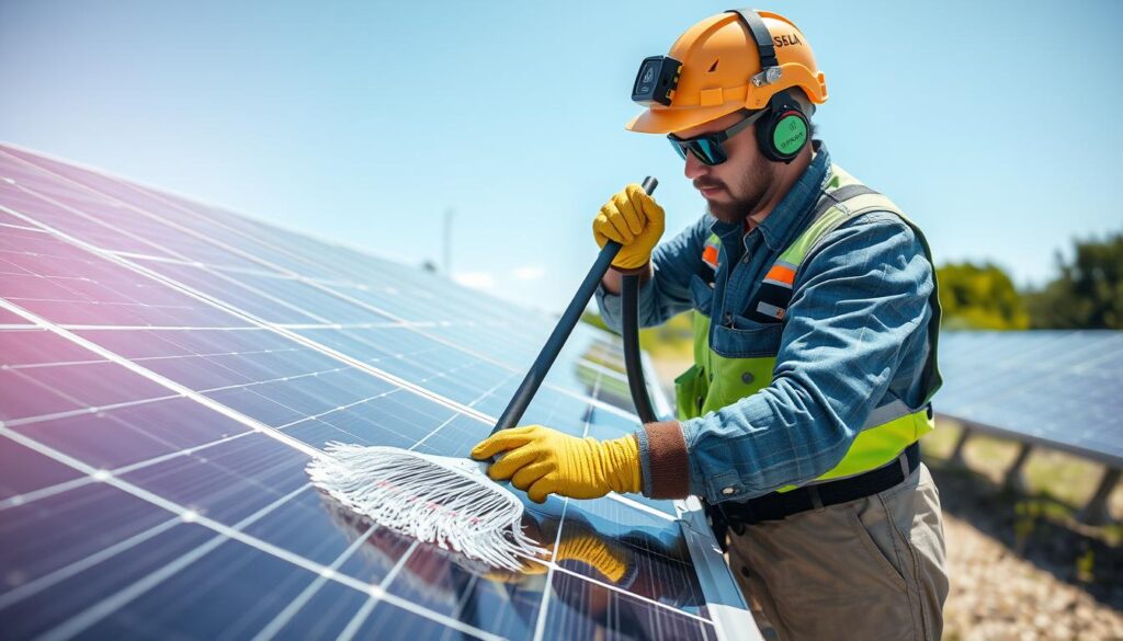 Generate an image of a technician using eco-friendly equipment to clean solar panels.