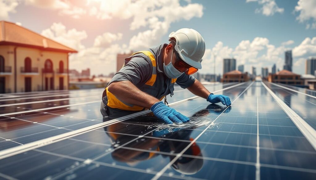 Generate an image of a technician using the Pure Water Wash method on solar panels in New Orleans