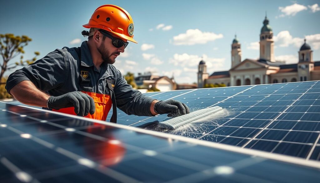 Generate an image of a veteran-owned business's technician cleaning solar panels in Tuscaloosa.