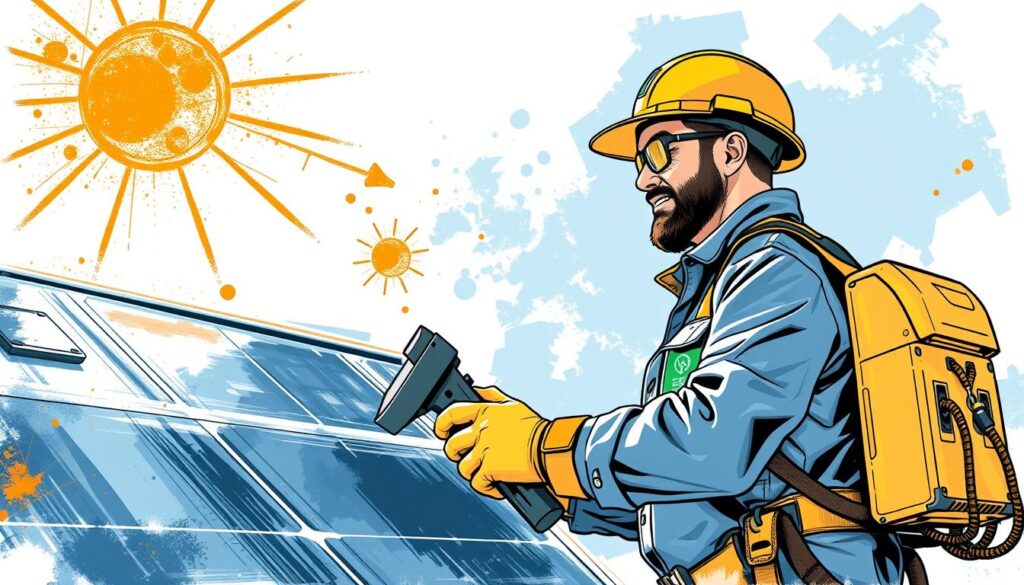 Generate an image of an EcoClean Solar Services technician performing a system performance check.