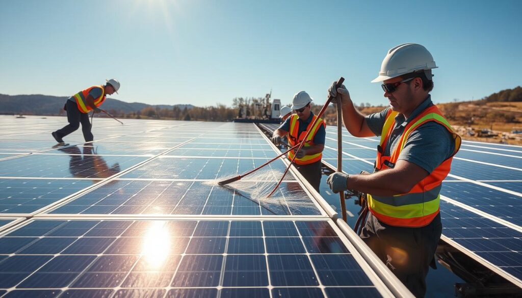 Generate an image of solar panels being cleaned by professionals in Wheeling, WV
