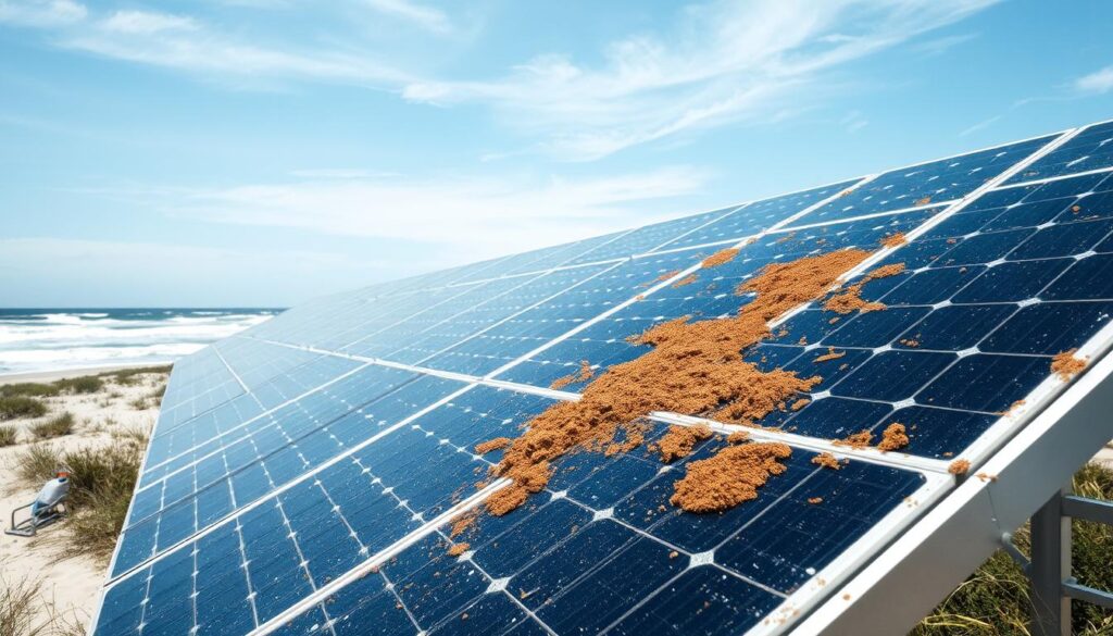 Generate an image of solar panels in a coastal environment with visible dirt and debris accumulation.