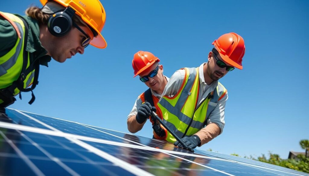 Generate an image of technicians from We Clean Solar Panels LLC inspecting solar panels before cleaning.