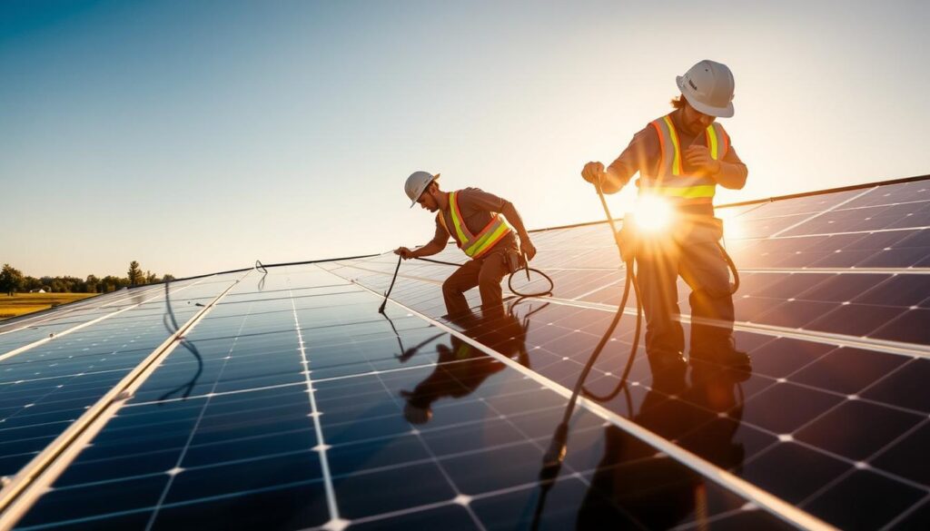 Image of AA Window and Gutter Cleaning team cleaning solar panels in Bellevue, NE