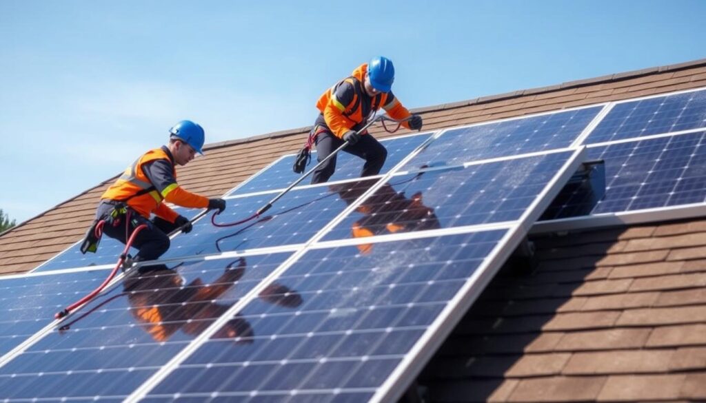 Image of AA Window and Gutter Cleaning technicians cleaning solar panels on a residential roof in Portland.