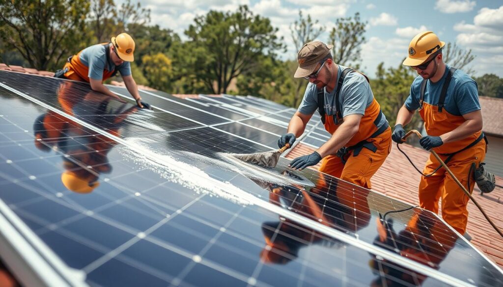 Image of Advantage Roofing & Solar's team cleaning solar panels in Shreveport
