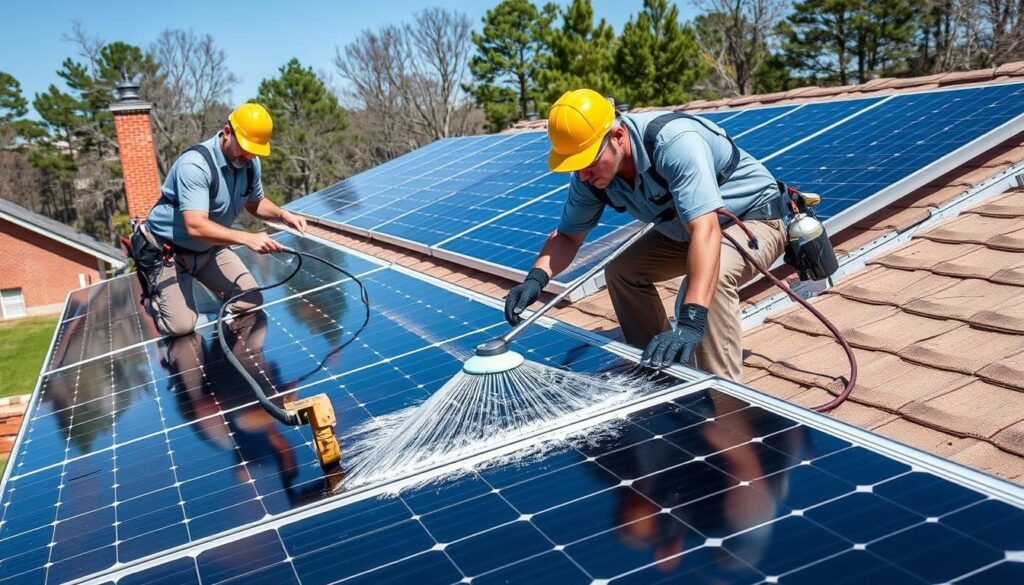 Image of Albany Solar Maintenance Pros technicians cleaning solar panels on a residential roof in Albany, GA.