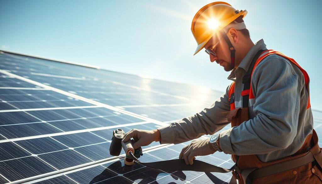 Image of Albuquerque Solar Panel Pros technicians inspecting solar panels in Rio Rancho