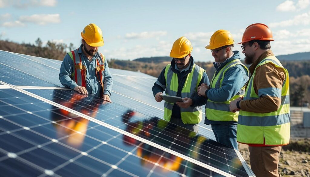 Image of Bridger Renewables team inspecting solar panels in Wheeling, WV