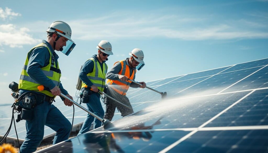 Image of Call Mella team cleaning solar panels with professional equipment