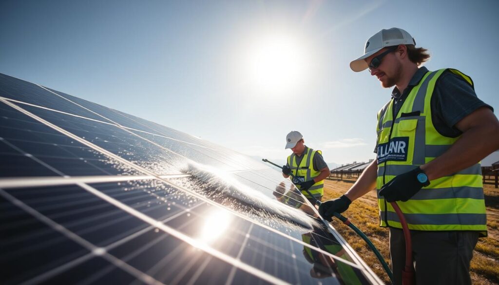 Image of Clean Energy Specialists of Idaho's team cleaning solar panels
