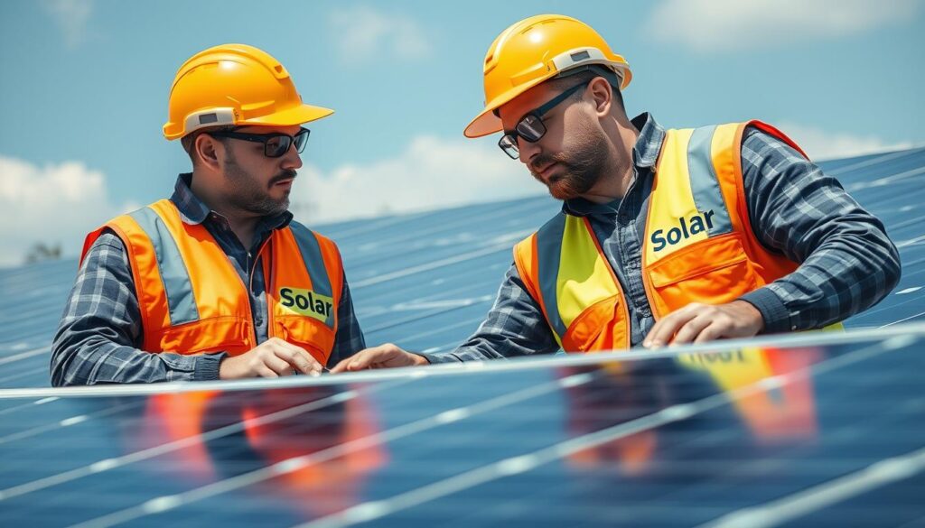 Image of Clean Solar Solutions America technicians inspecting solar panels