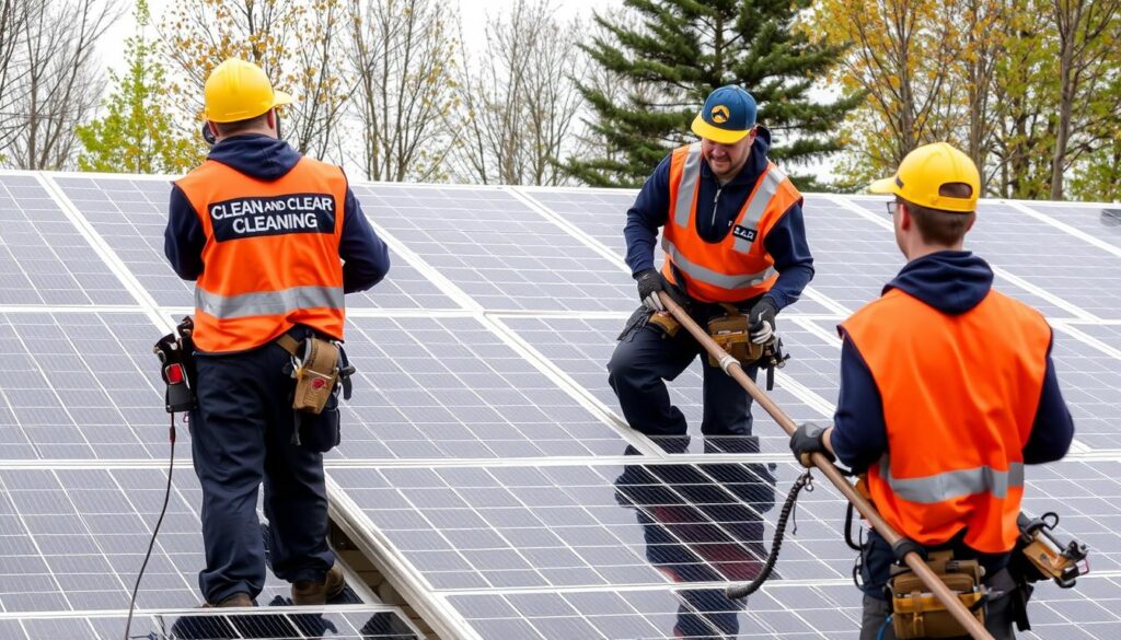 Image of Clean and Clear Window Cleaning team in uniform cleaning solar panels in St. Paul, MN