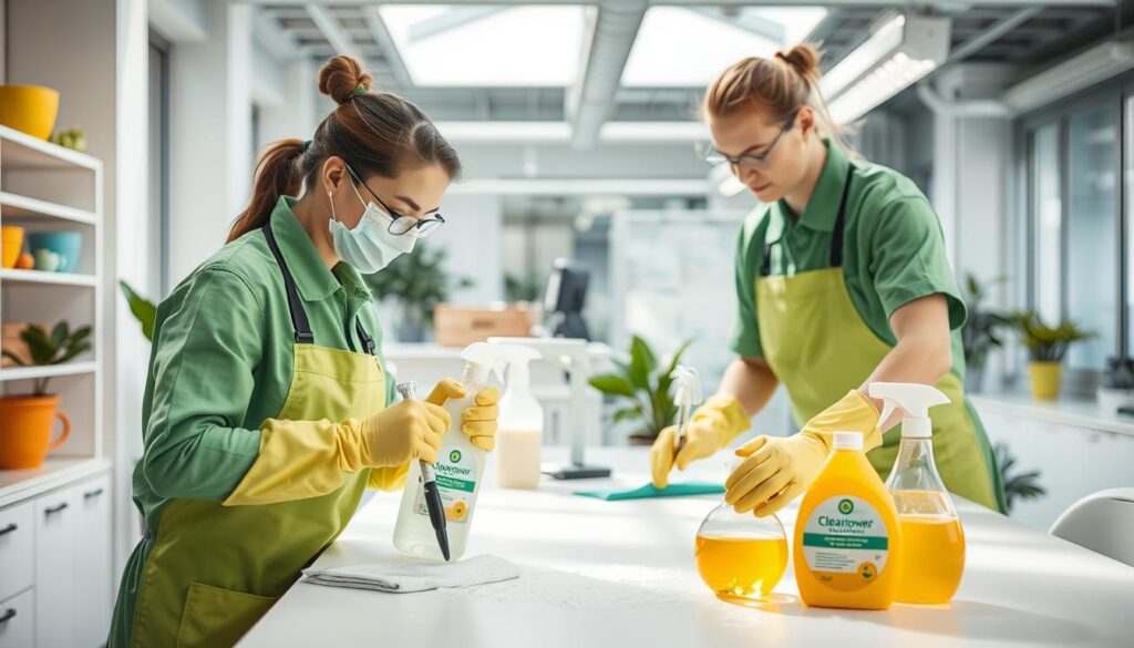 Image of CleanPower Solutions technicians using eco-friendly cleaning products