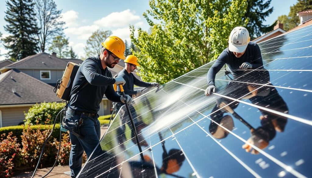 Image of Dave's Exterior Cleaning team cleaning solar panels in Hillsboro, OR