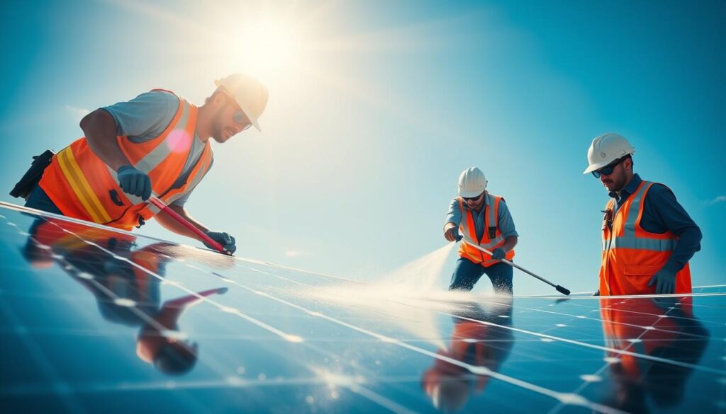 Image of Eagle Solar & Light's team cleaning solar panels