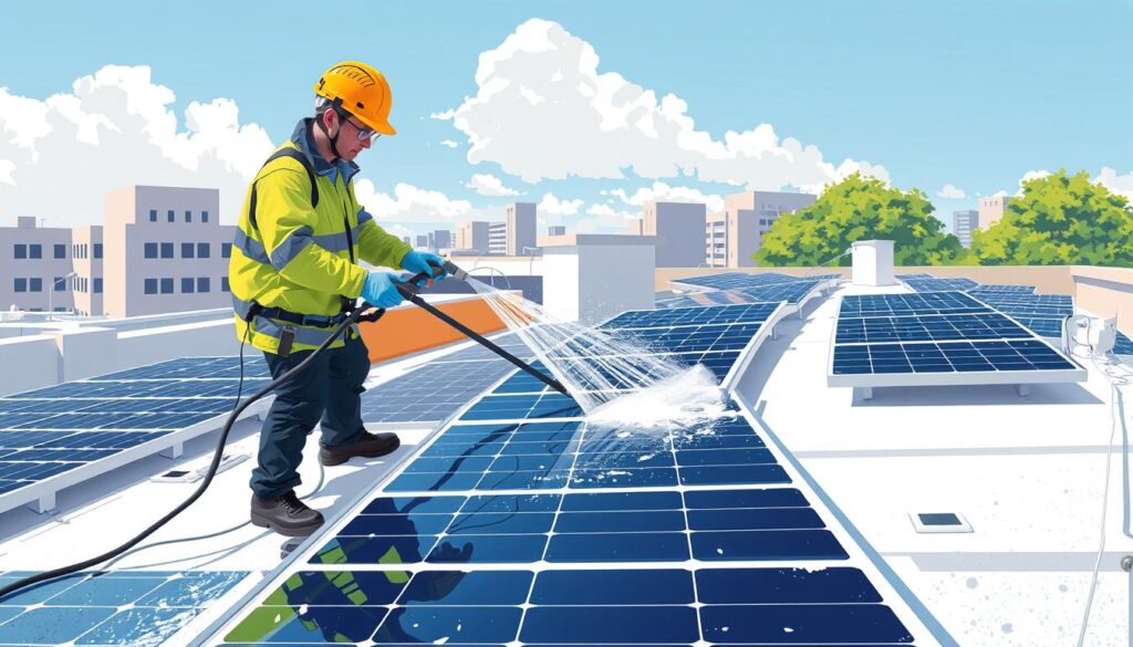 Image of EcoClean Solar Services technicians using advanced equipment to clean solar panels on a complex roof structure
