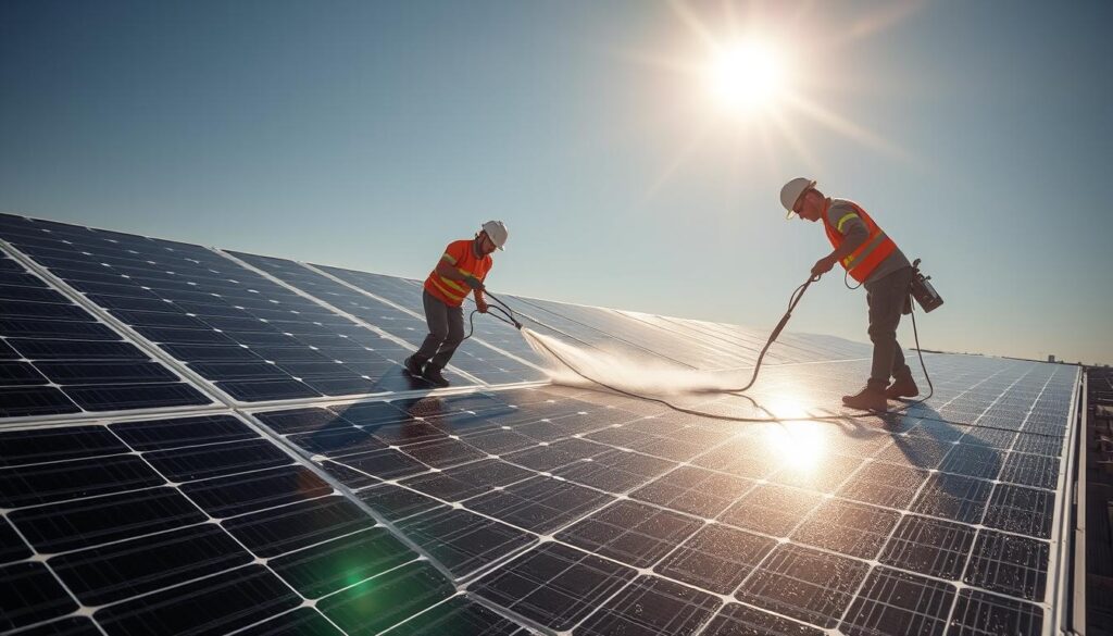Image of EcoShine Solar Maintenance team cleaning a commercial solar array