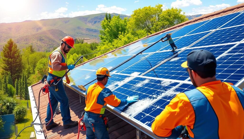 Image of Epic Exterior Services team cleaning solar panels