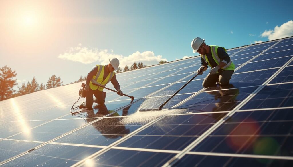 Image of Jackson Contracting's team cleaning solar panels in Manchester, NH