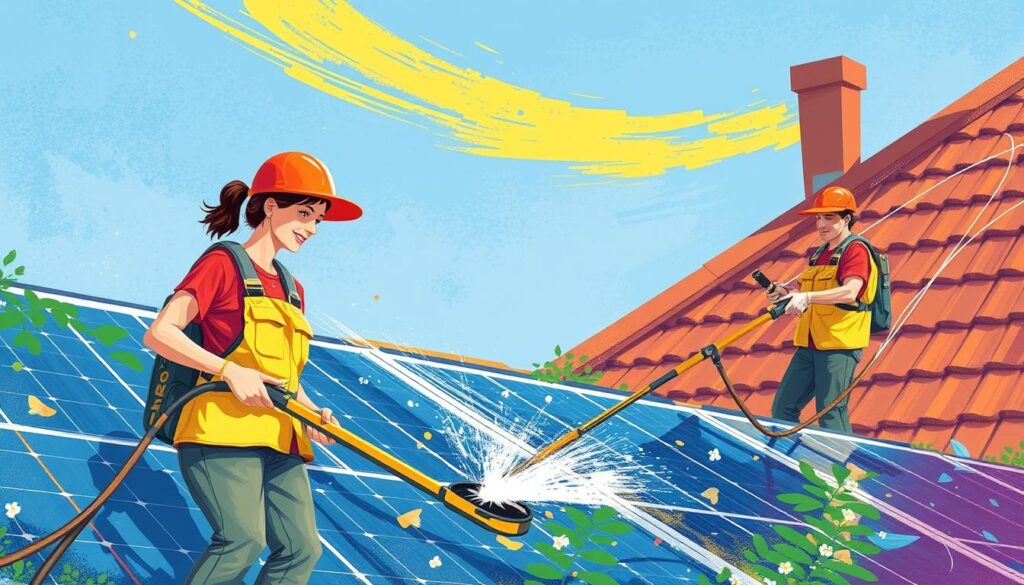 Image of Karen's Green Cleaning staff using eco-friendly equipment to clean solar panels in St. Paul