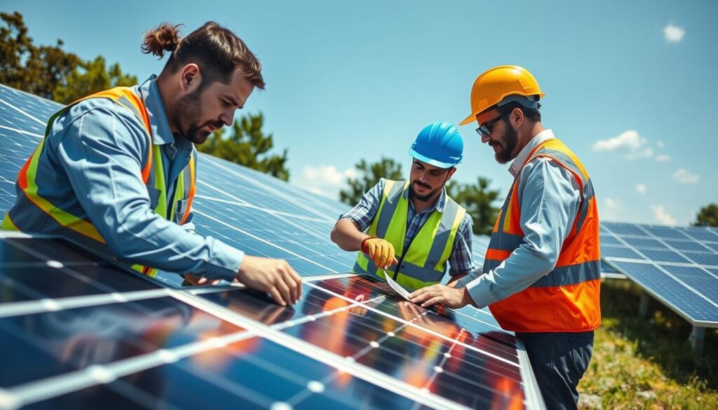 Image of Kentucky Solar Solutions team inspecting solar panels