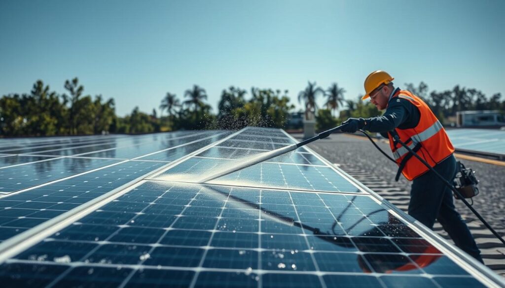 Image of Lake Murray Soft Wash technicians cleaning solar panels with soft washing equipment.