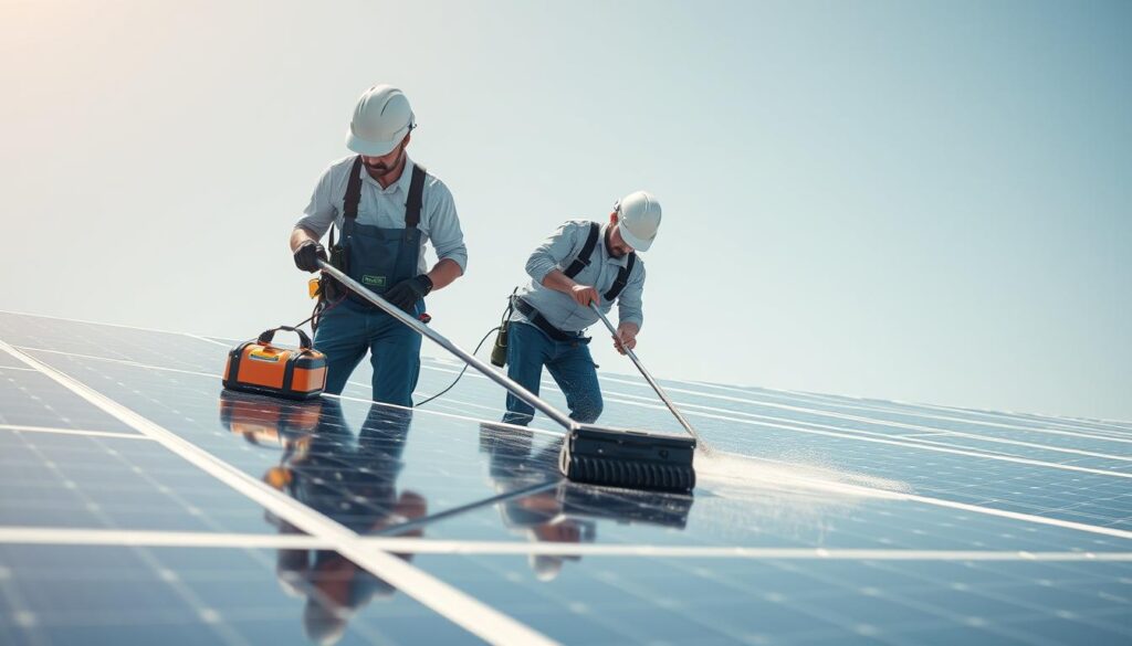 Image of Modern Turnkey team cleaning solar panels with modern equipment