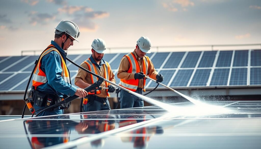 Image of Near Tech Pressure Washing team inspecting and cleaning solar panels