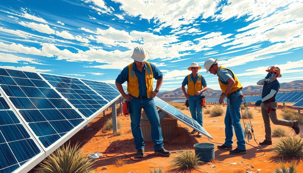 Image of New Mexico Clean Energy Solutions team performing solar panel maintenance