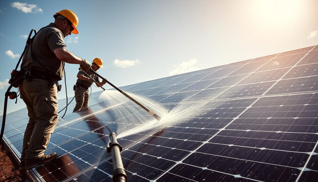 Image of Okie Power Washing team cleaning solar panels in Oklahoma City