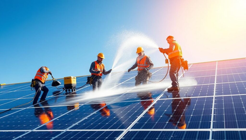 Image of Okie Power Washing team cleaning solar panels with soft wash equipment
