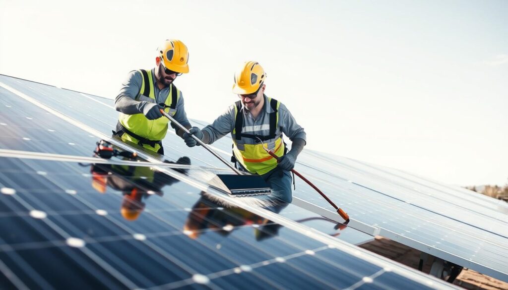 Image of Poulin Solar Pro technicians cleaning solar panels in Roswell, NM