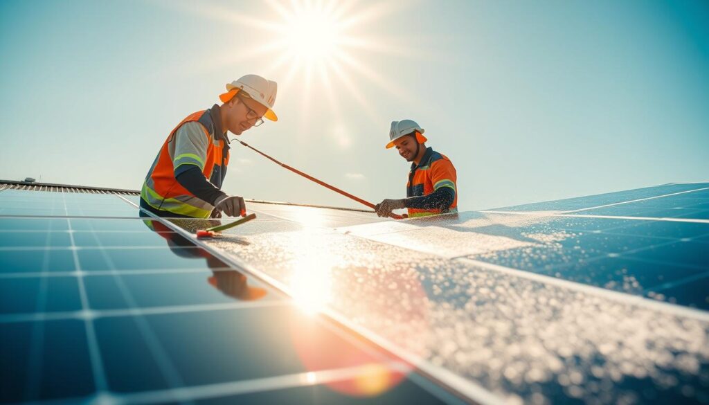 Image of Radiance Window Cleaning team in uniform cleaning solar panels