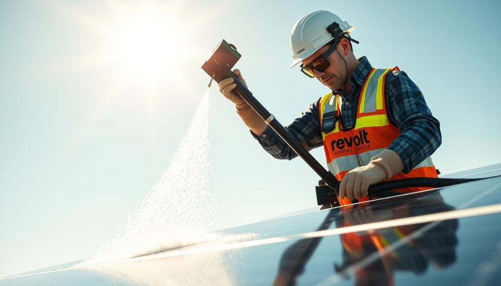 Image of Revolt Energy technicians using specialized equipment for solar panel cleaning