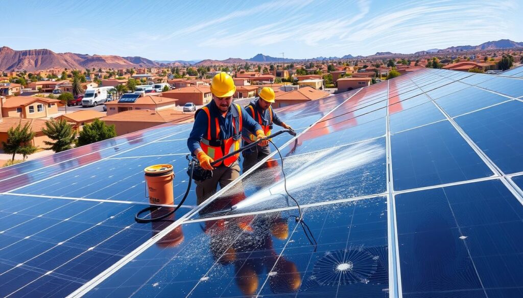 Image of Rio Solar Maintenance team cleaning solar panels in Rio Rancho