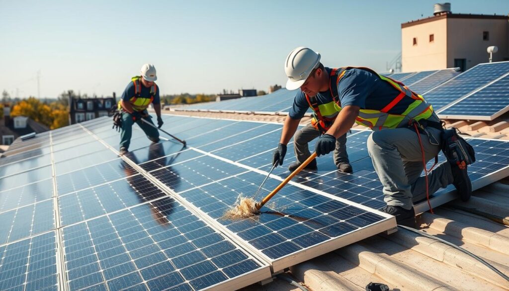 Image of Rooftop Power Solar Maintenance technicians cleaning solar panels on a roof in Warwick, RI.
