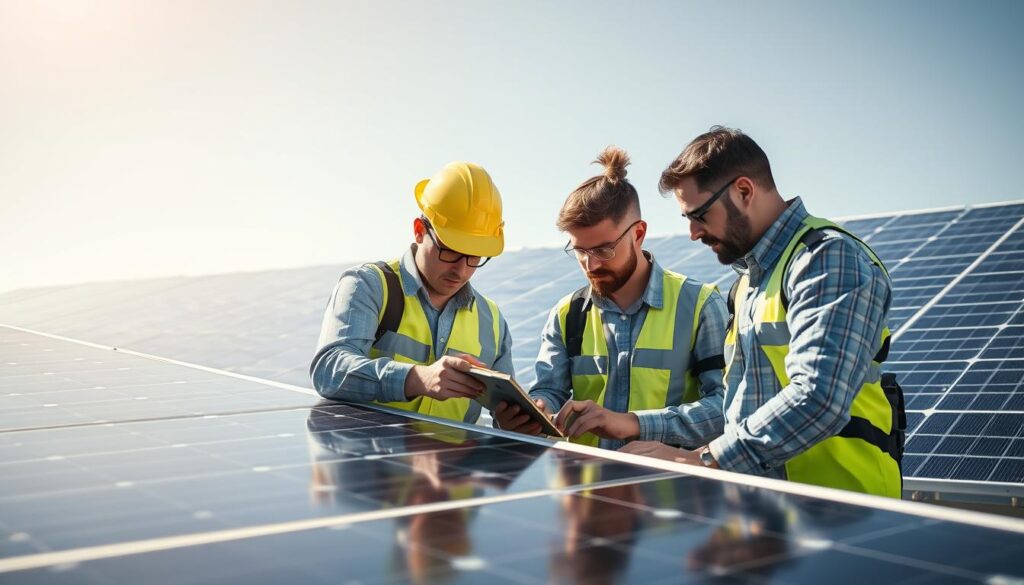 Image of Small Tech Solar's team inspecting solar panels