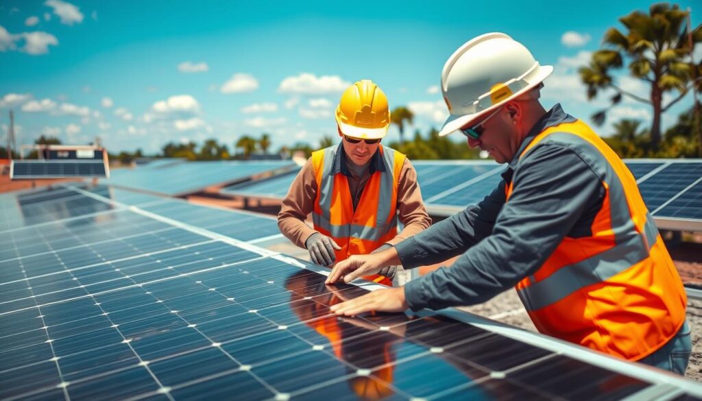 Image of Solar Alternatives, Inc. technicians inspecting solar panels in Lake Charles