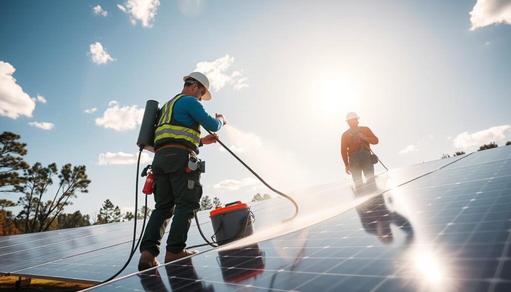 Image of SunPro Solar Maintenance technicians cleaning solar panels in Georgia